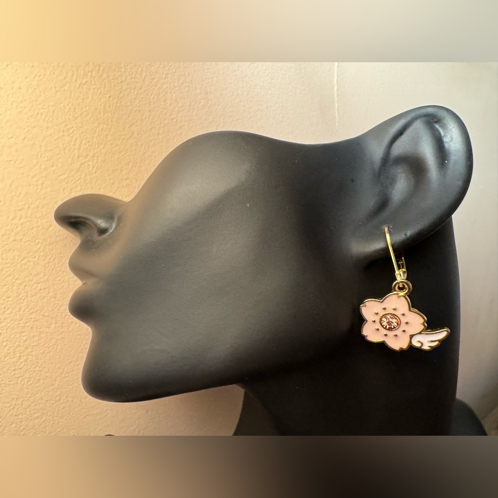 Pink Winged Flower Charm on 24k Gold Plated Lever back Earring Hooks.